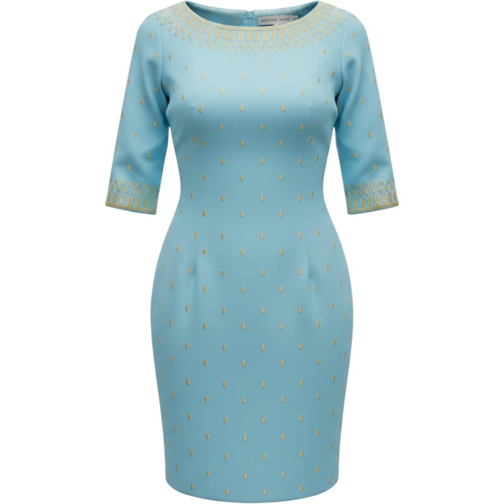 Gretchen Scott Blue Gold Embroidered Shift Dress XS Elbow Sleeve Cocktail